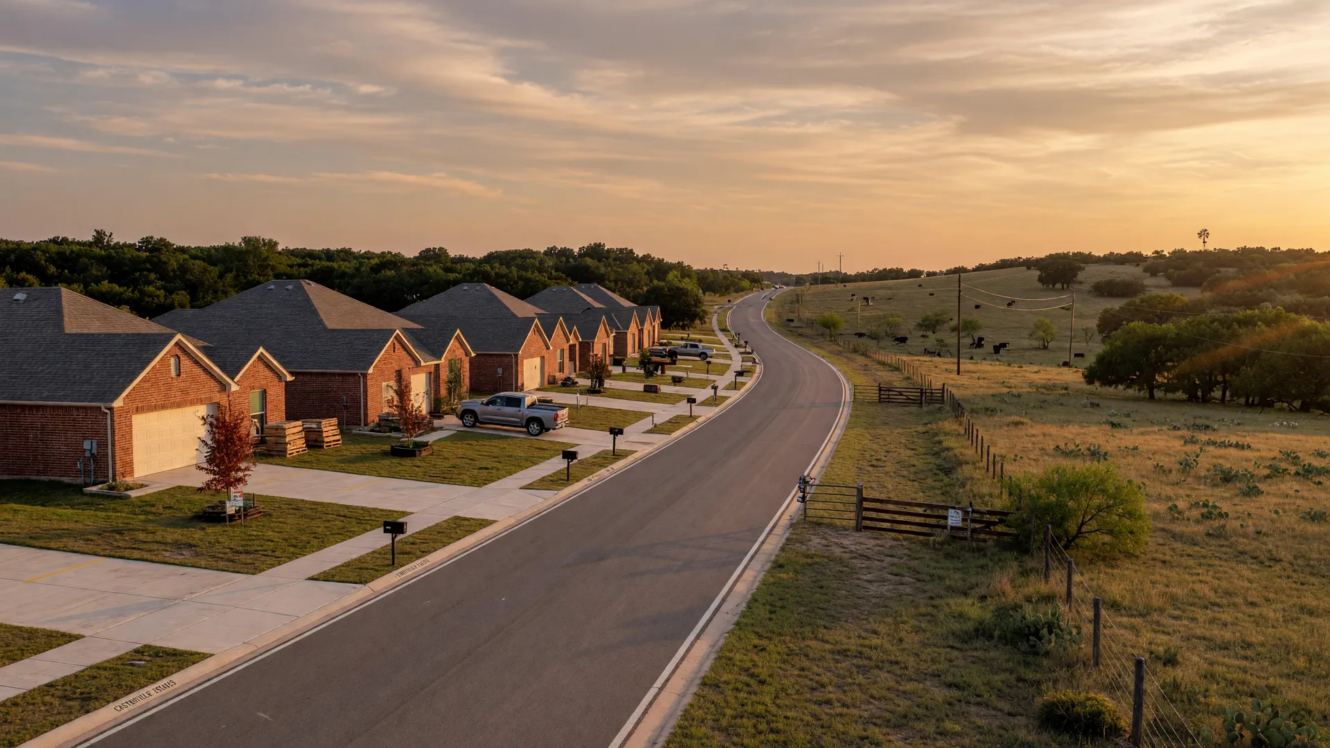 New brick homes along a rural road meeting Hill Country pasture west of San Antonio