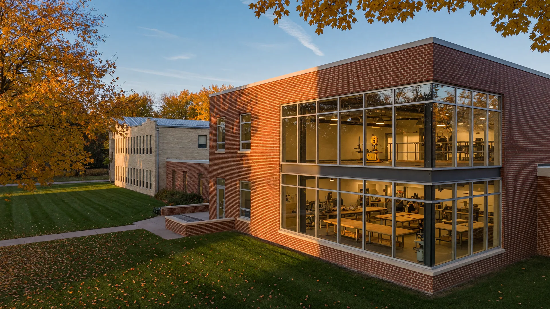 A modern brick and glass high school addition on a campus lawn in Crosby, Minnesota, in late afternoon light