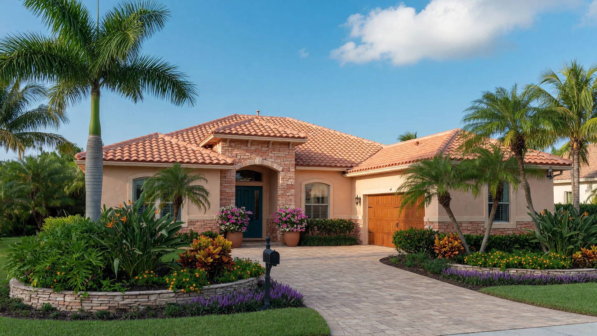 A bright one-story Florida Gulf Coast home with a terracotta roof, palm trees, and tropical landscaping under a clear blue sky