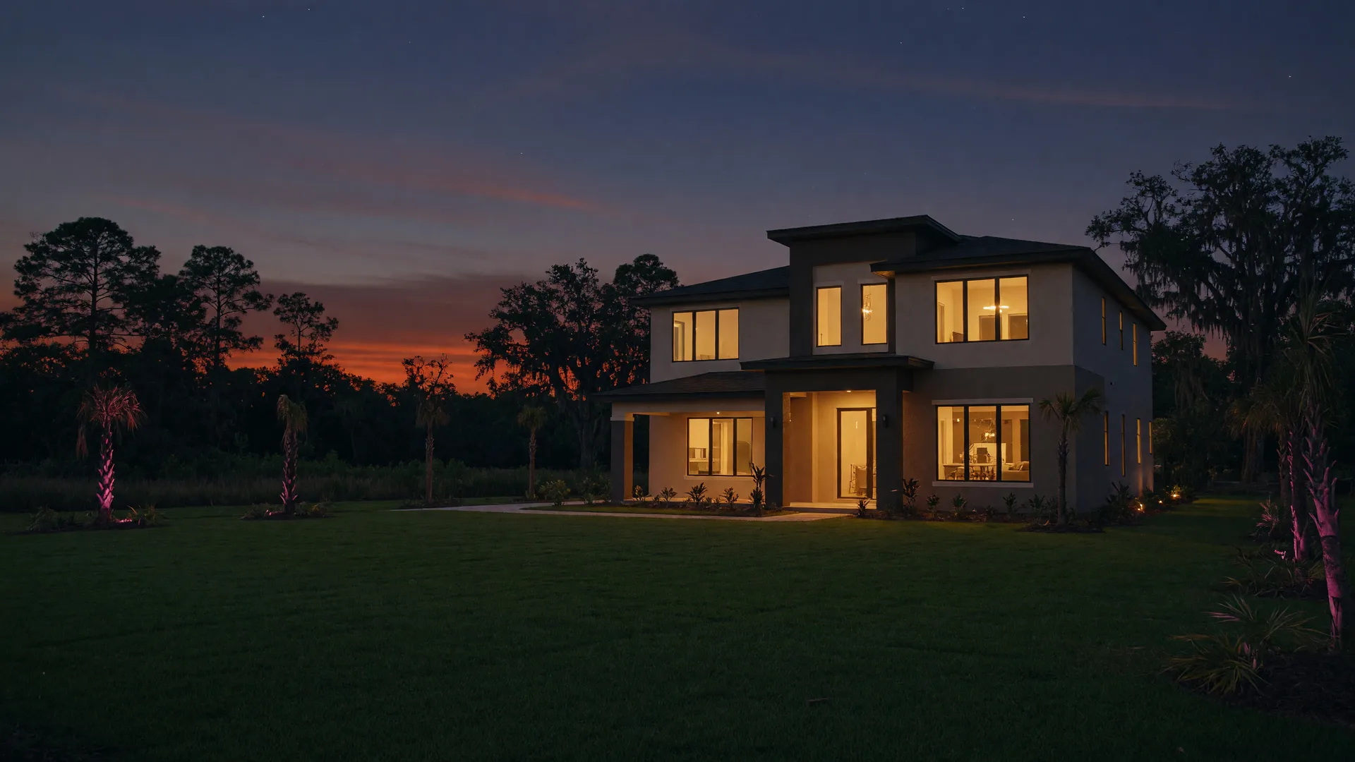 New construction home in Central Florida glowing at dusk