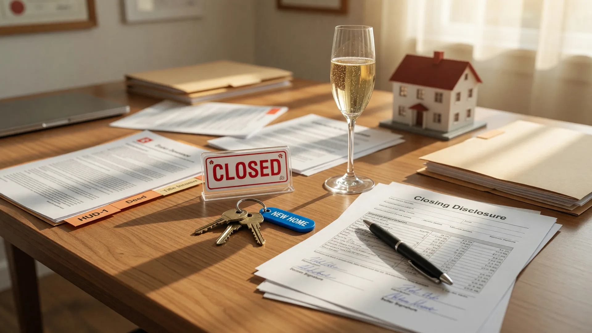 Real estate closing table with a CLOSED sign, house keys, and closing disclosure documents in warm natural light