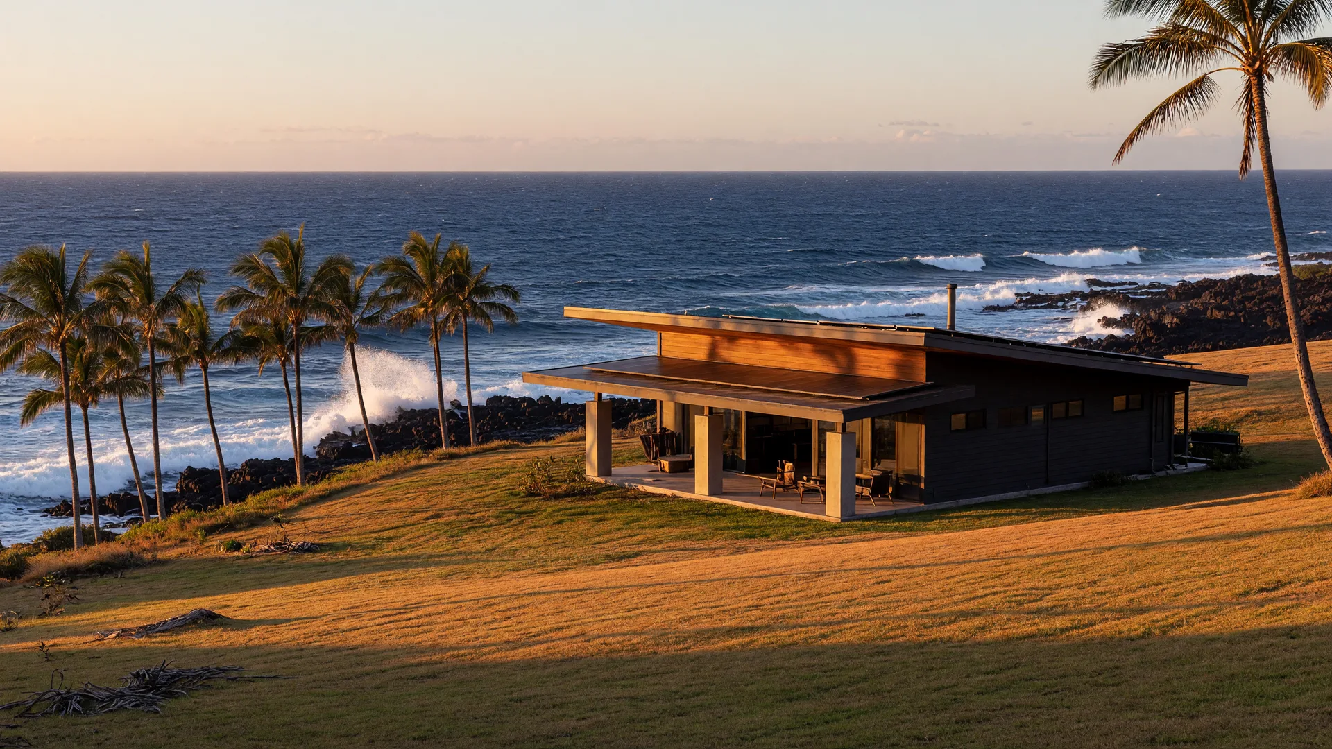 An oceanfront home with a covered lānai on a grassy bluff above the Pacific on the Hawaiʻi Island coast
