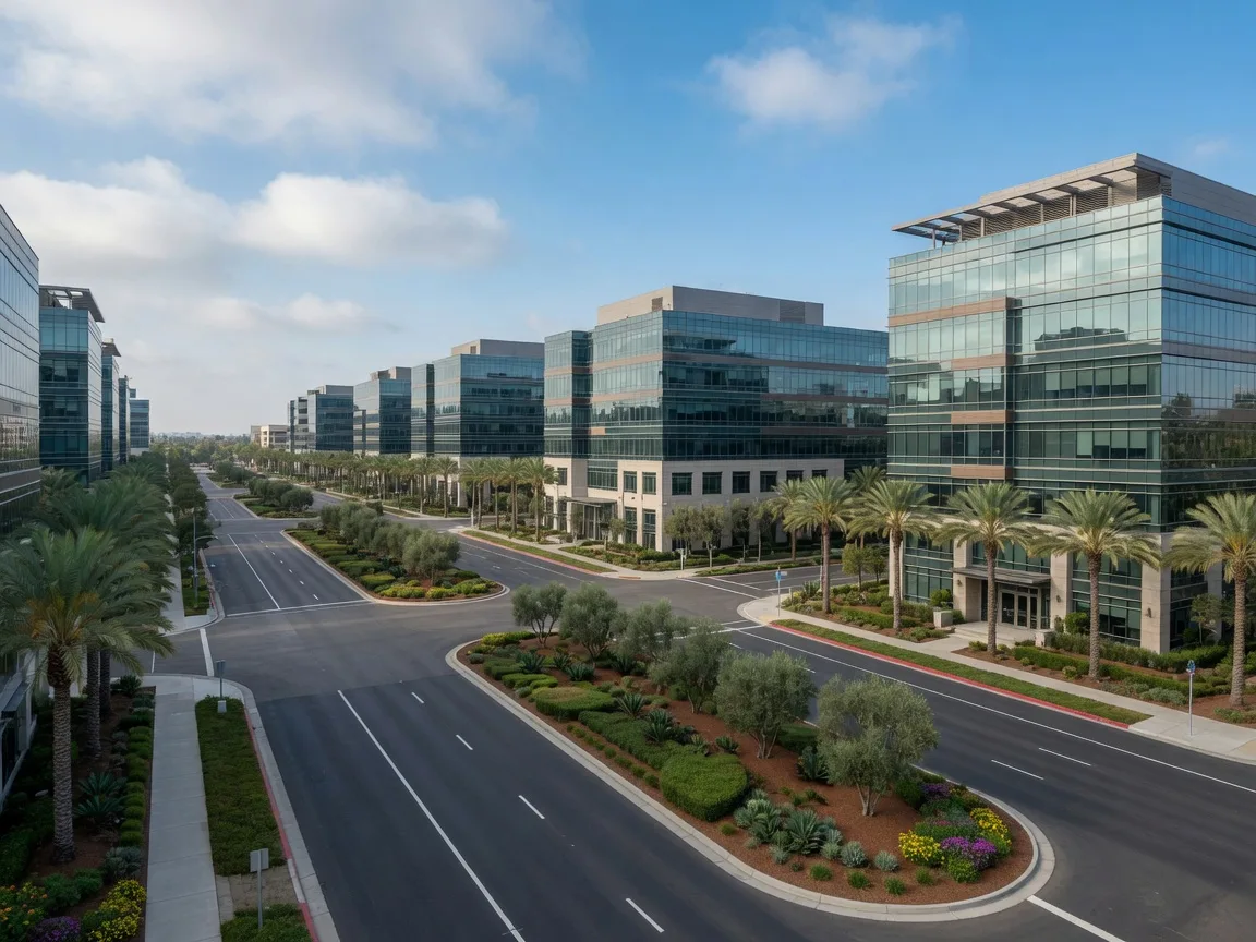 The Irvine, California business complex with palm trees and office buildings