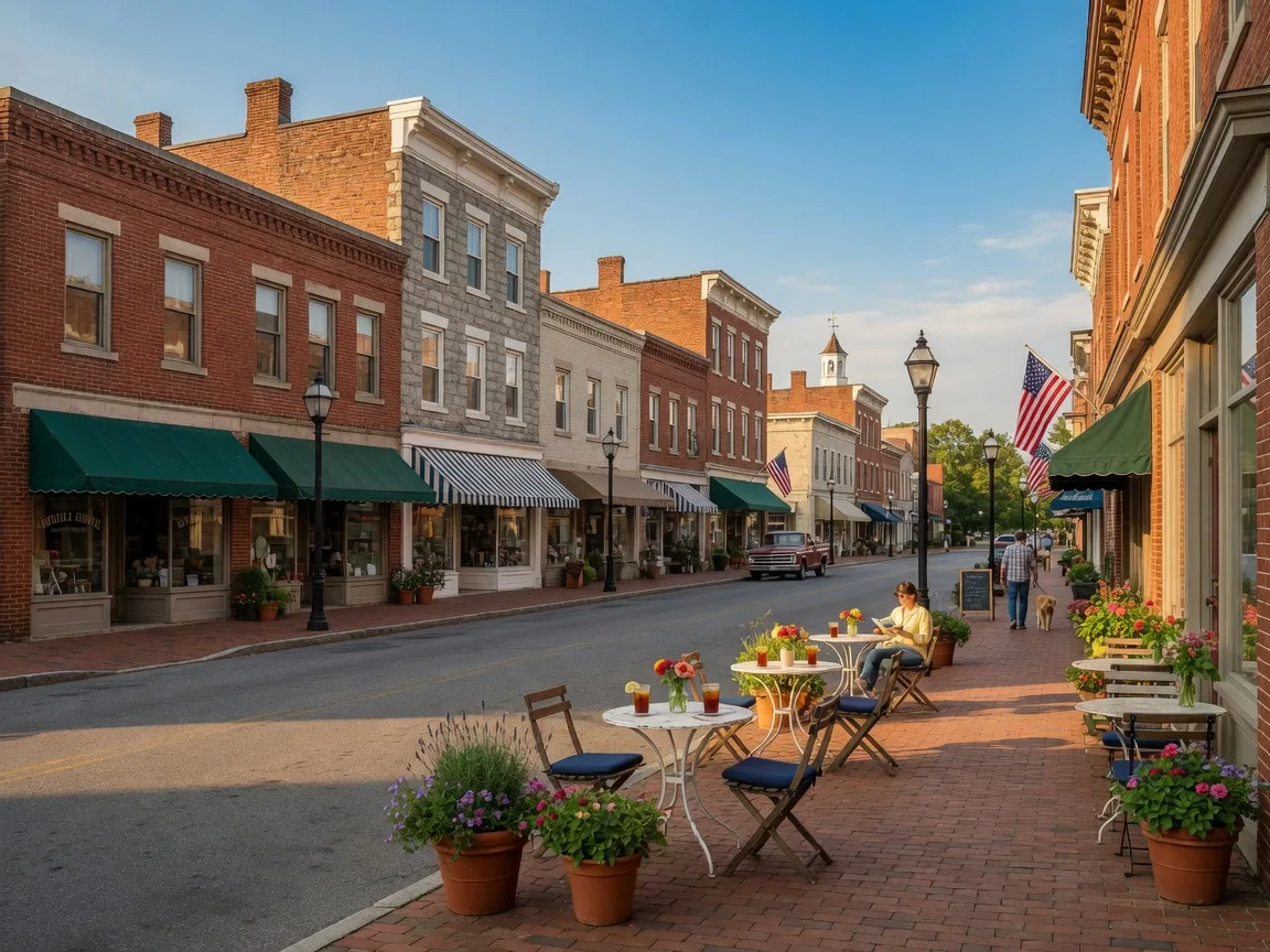 Historic Main Street in downtown Warrenton, Virginia with brick storefronts, awnings, and outdoor café seating on a sunny afternoon