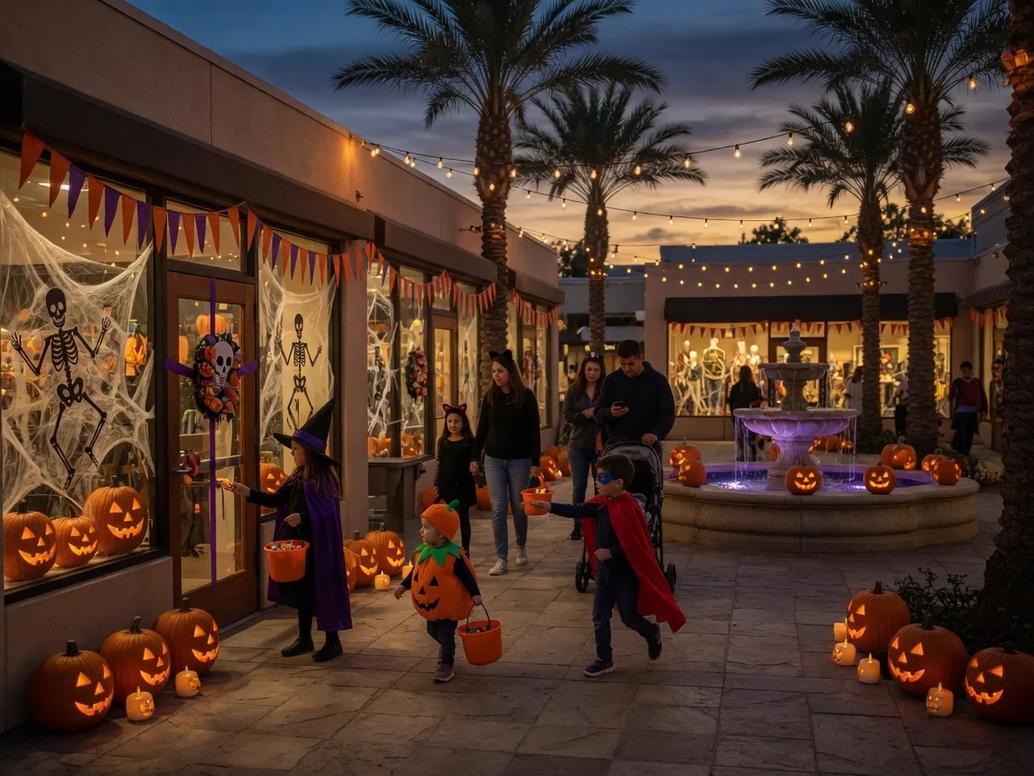 An outdoor Halloween candy crawl at a palm-lined open-air shopping center in the evening, with decorated storefronts, string lights, glowing pumpkins, and families in costumes walking between shops