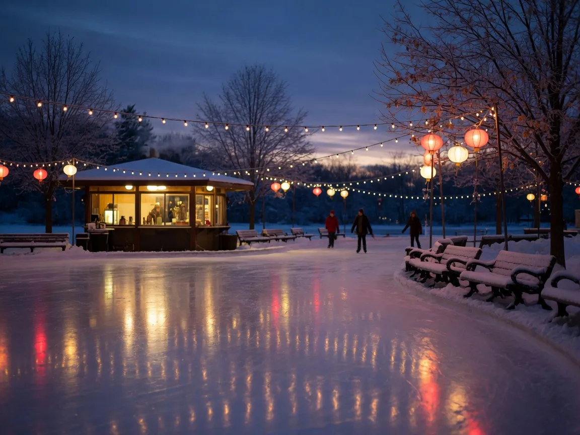 Festive outdoor skating rink glowing with string lights at dusk in a Hamilton winter park