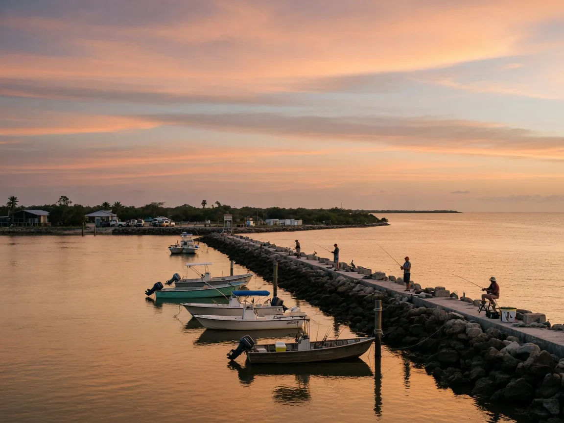 The Sebastian Inlet at late afternoon, small fishing boats on warm water where the Inlet meets the ocean