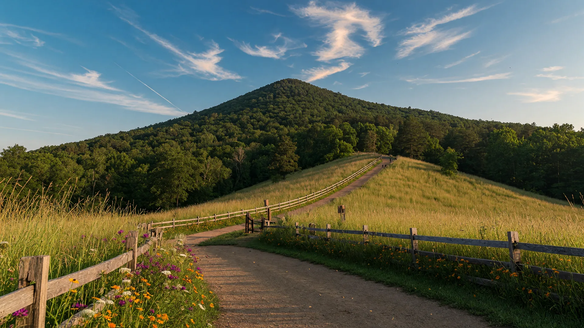 Kennesaw Mountain National Battlefield Park on a clear summer afternoon with green trails, wooden fence rails, and wildflowers under a blue sky
