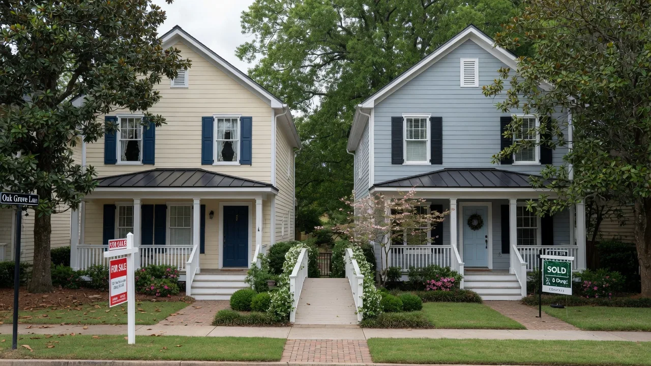Two suburban homes side by side with For Sale and Sold signs connected by a bridge-like pathway representing the buy-before-you-sell decision