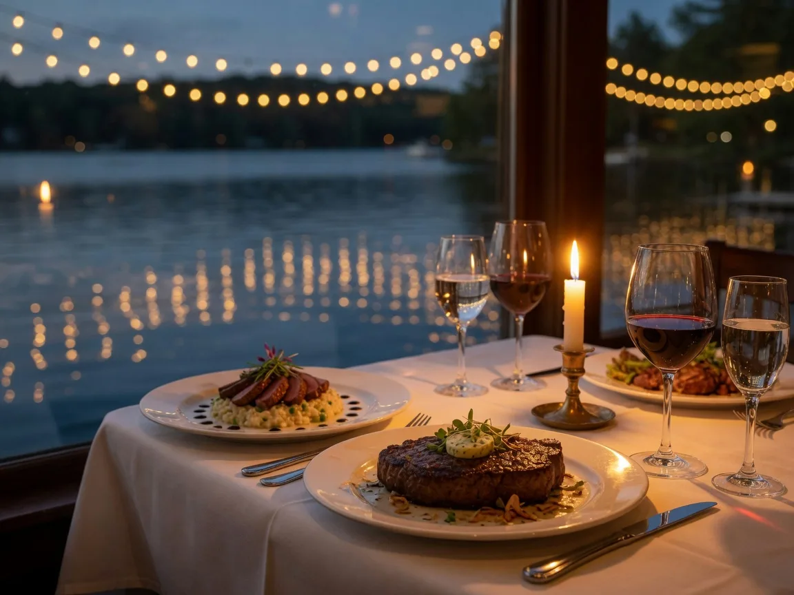 Candlelit fine dining table with wine glasses and a plated entree in an upscale lakeside restaurant