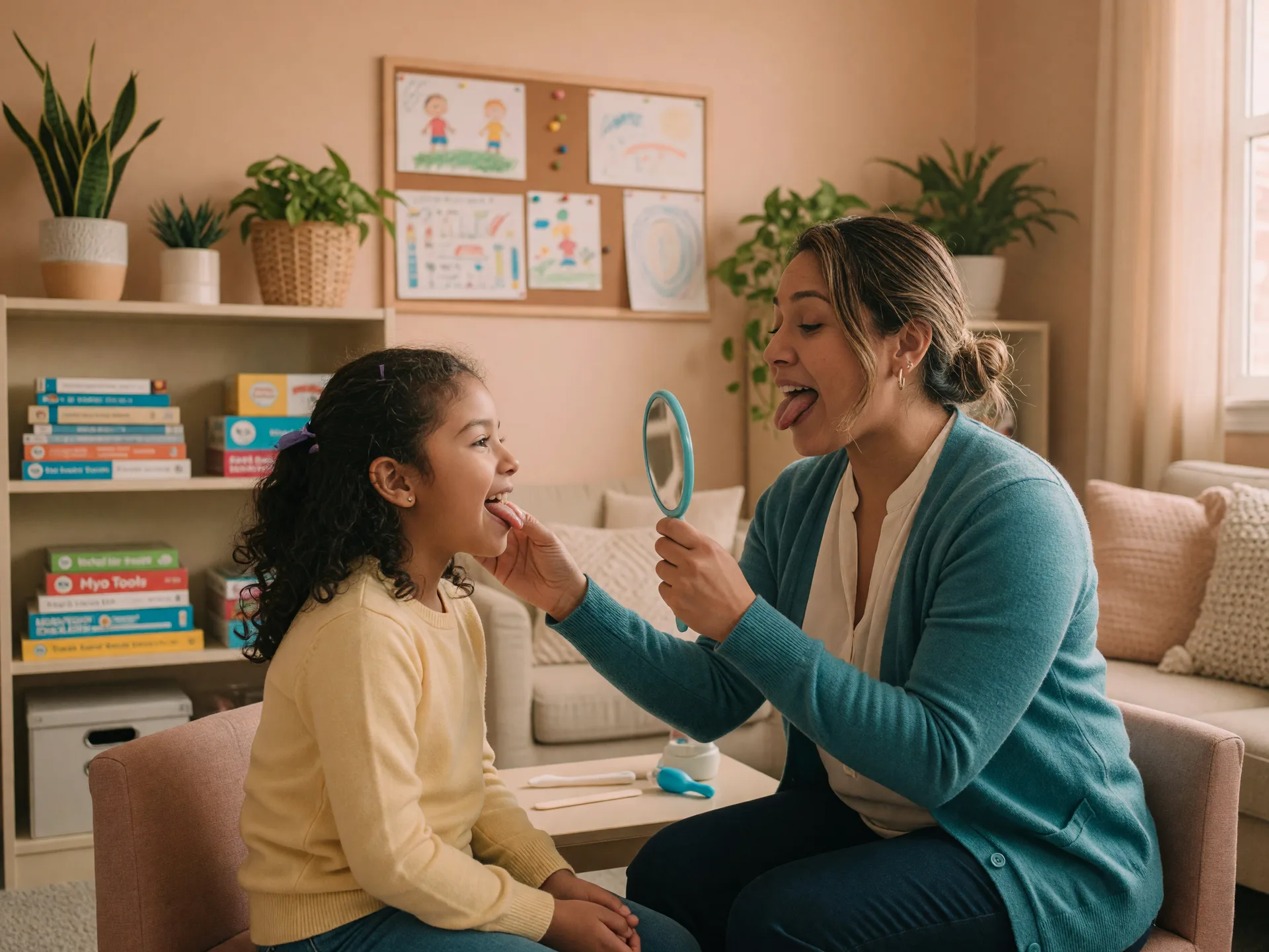 Child and adult practicing orofacial myofunctional therapy exercises together in a cozy therapy room with natural light