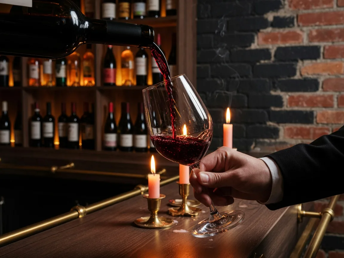 A glass of red wine poured over candles at Cork It Braselton, with warm amber backlight through the curated wine bottle wall