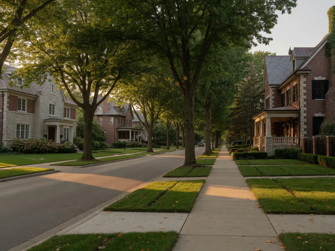 An established residential street lined with custom brick homes and mature shade trees in the late-afternoon light