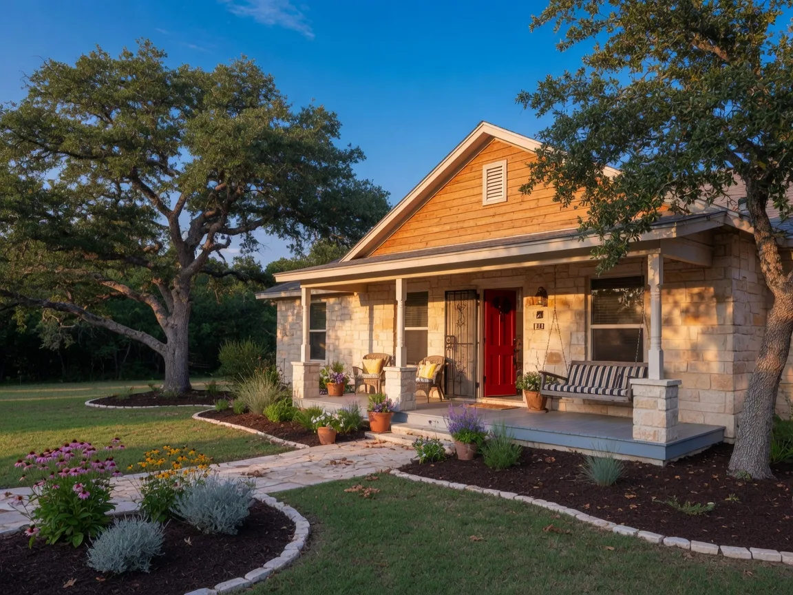 Welcoming Hill Country home with limestone and warm wood siding, a covered porch, live oaks, and native landscaping under a bright blue sky