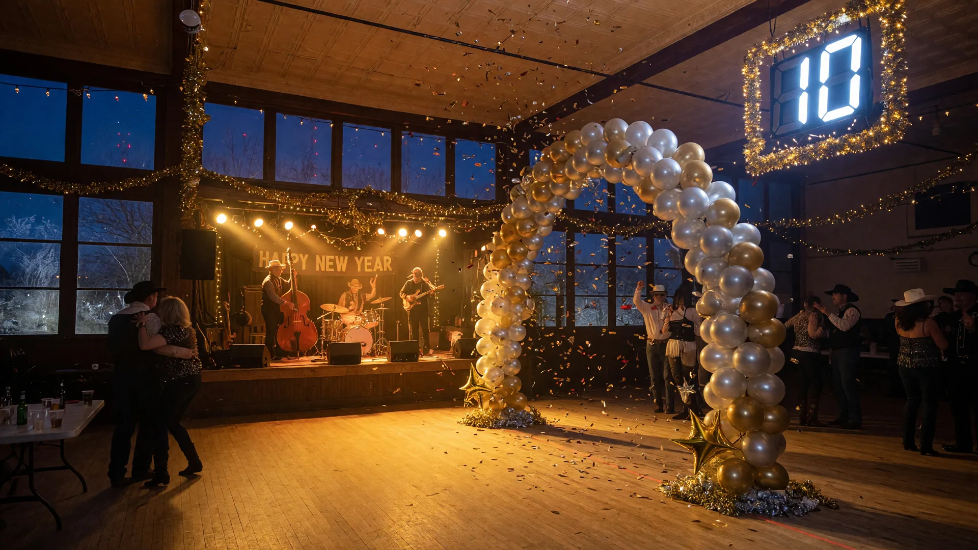 A Texas country dance hall dressed for New Year's Eve with golden stage lights, a silver and gold balloon arch, drifting confetti, and a band stage