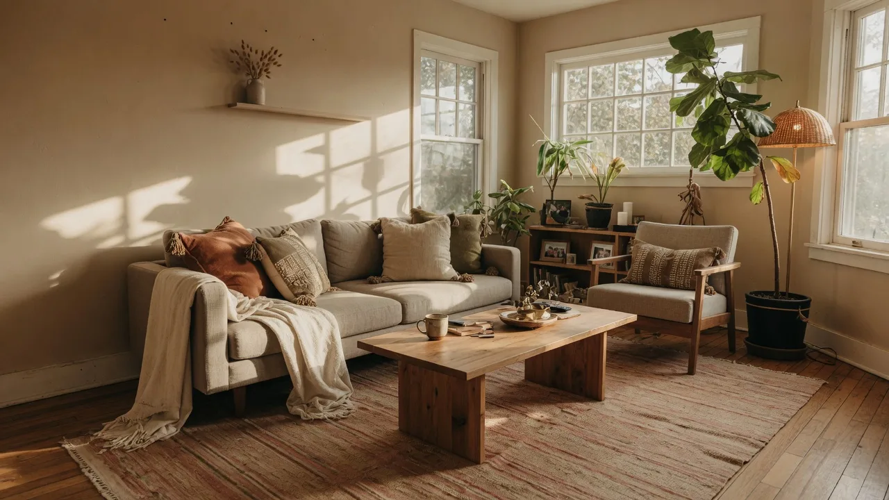 Beautifully staged bungalow living room with warm afternoon light and neutral décor on Hamilton Mountain