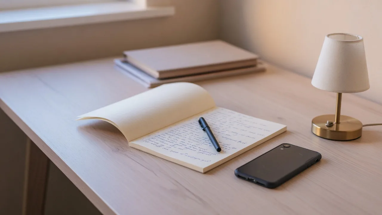 An open notepad with handwritten notes and a resting pen beside a face-down smartphone on a light desk in soft daylight, representing a first-time buyer with many questions