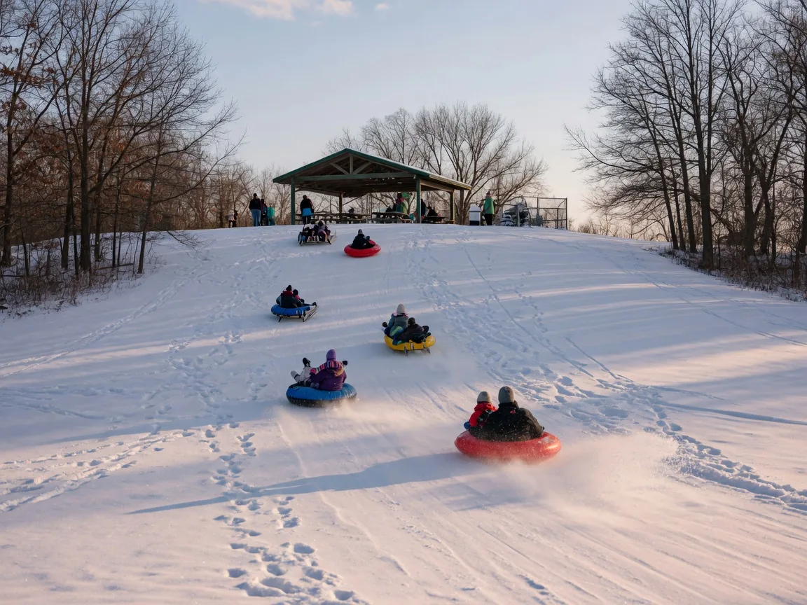 Families sledding down a groomed snowy hill at a Northeast Ohio county park on a bright winter afternoon