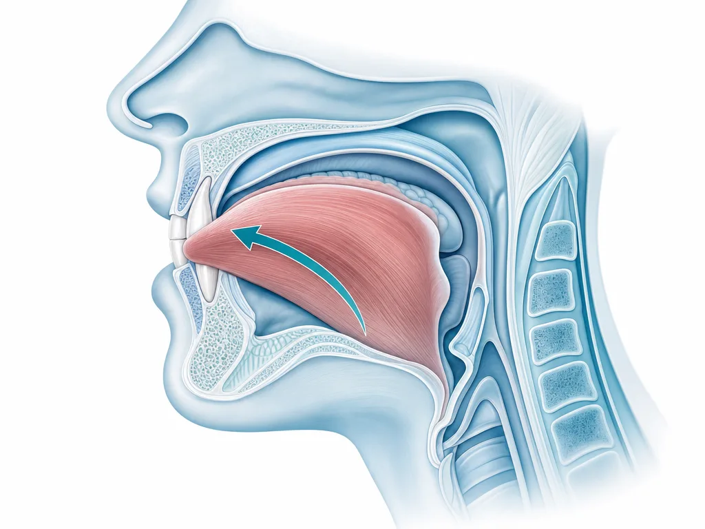 Medical diagram showing tongue thrust swallowing pattern where the tongue pushes forward against the teeth during swallowing