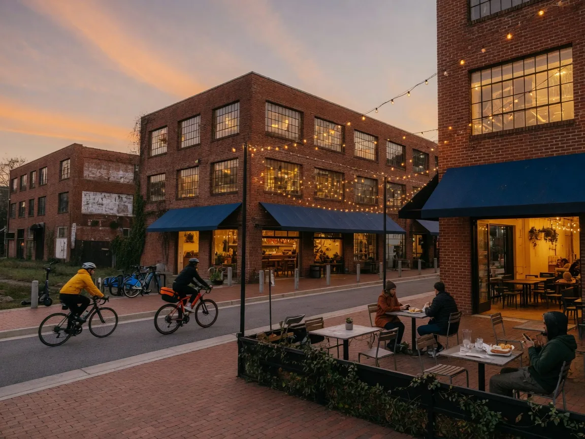 Brick warehouse district retail corridor in intown Atlanta with storefronts and a food hall at golden hour