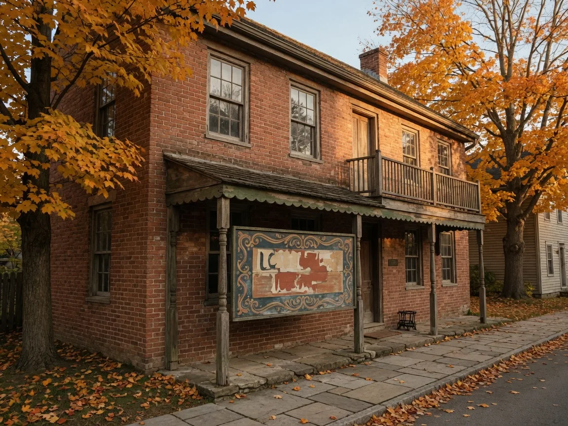 A restored early-1800s brick and wood village storefront with a wooden awning, framed by autumn trees