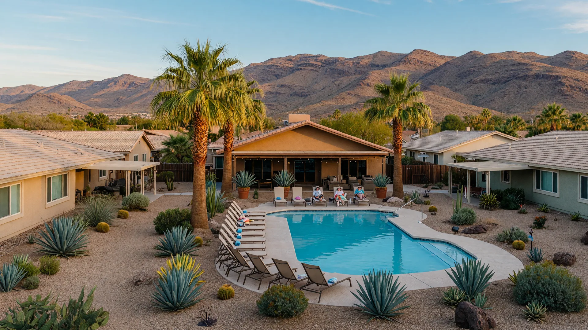 Active-adult community in the Las Vegas valley with single-story homes around a resort-style pool and clubhouse