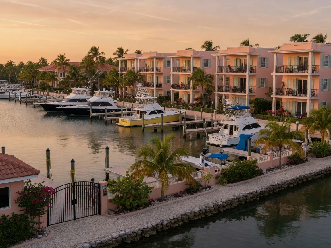 A gated marina community in the Florida Keys at golden hour, a row of elegant waterfront condominiums with private balconies and deeded boat slips, sportfishing yachts moored in the calm basin, a landscaped seawall promenade with palms, warm amber light on the water