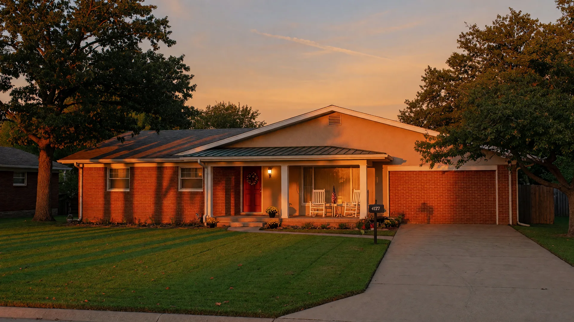 Warm terracotta-brick home with a glowing front porch at golden hour in a Tulsa-area neighborhood
