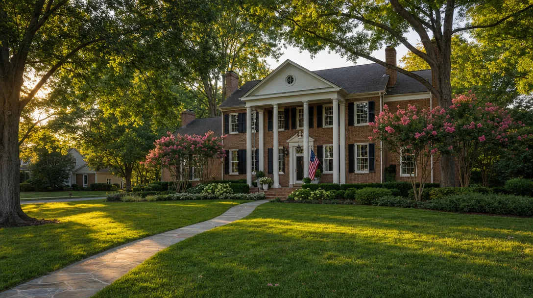 Classic brick colonial home with white-columned portico in a Fairfax County Virginia neighborhood on a late summer afternoon, with manicured lawn and mature oak trees