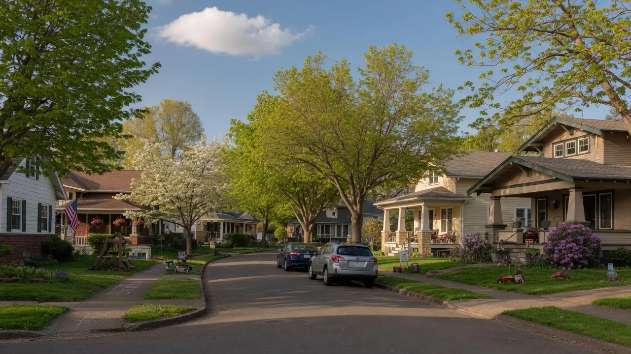 Tree-lined residential street in the Cook Park neighborhood of Tigard, Oregon with Craftsman-style homes, green lawns, and mature trees