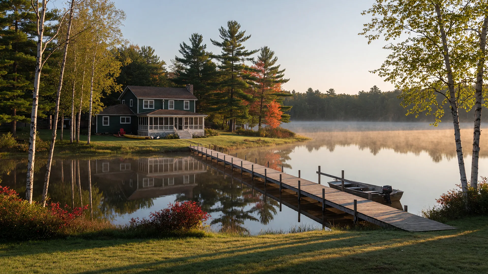 Minnesota lake home with a long wooden dock in calm autumn water