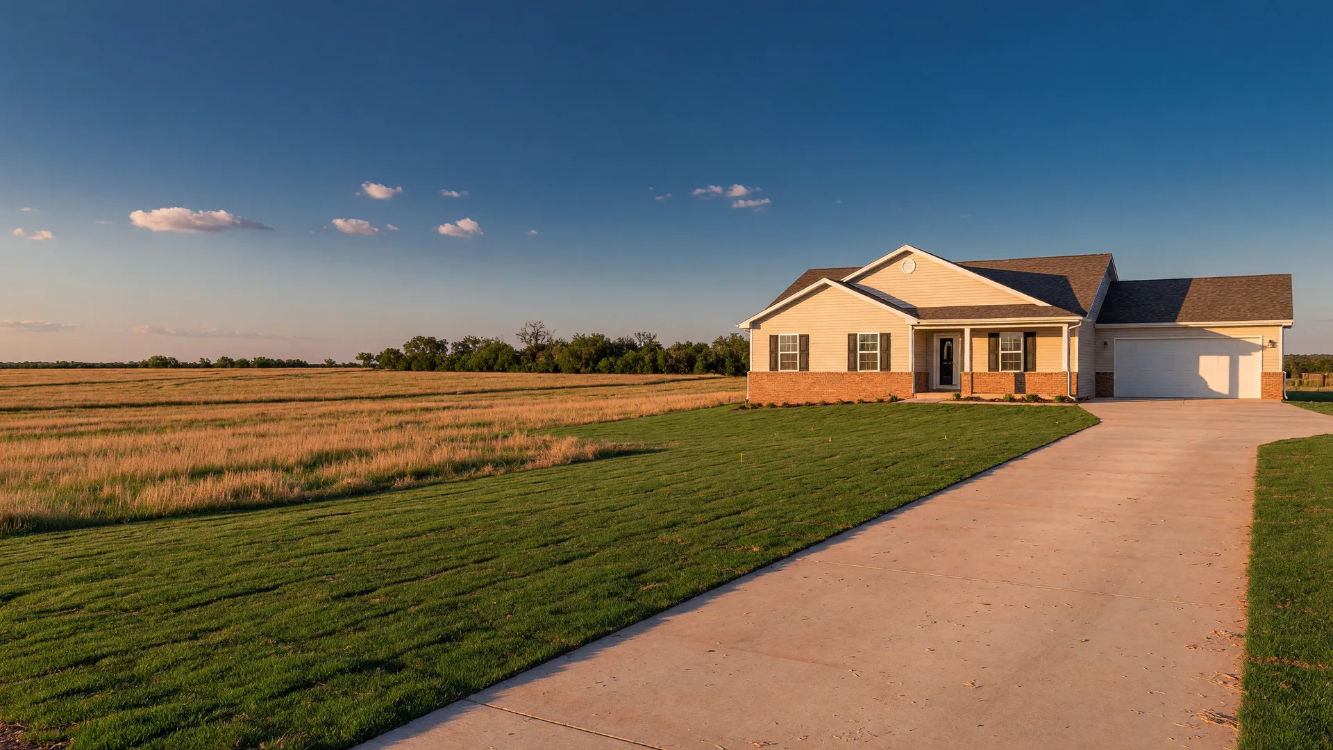 Brand-new single-story home on a large grass homesite in Elgin, Oklahoma at golden hour