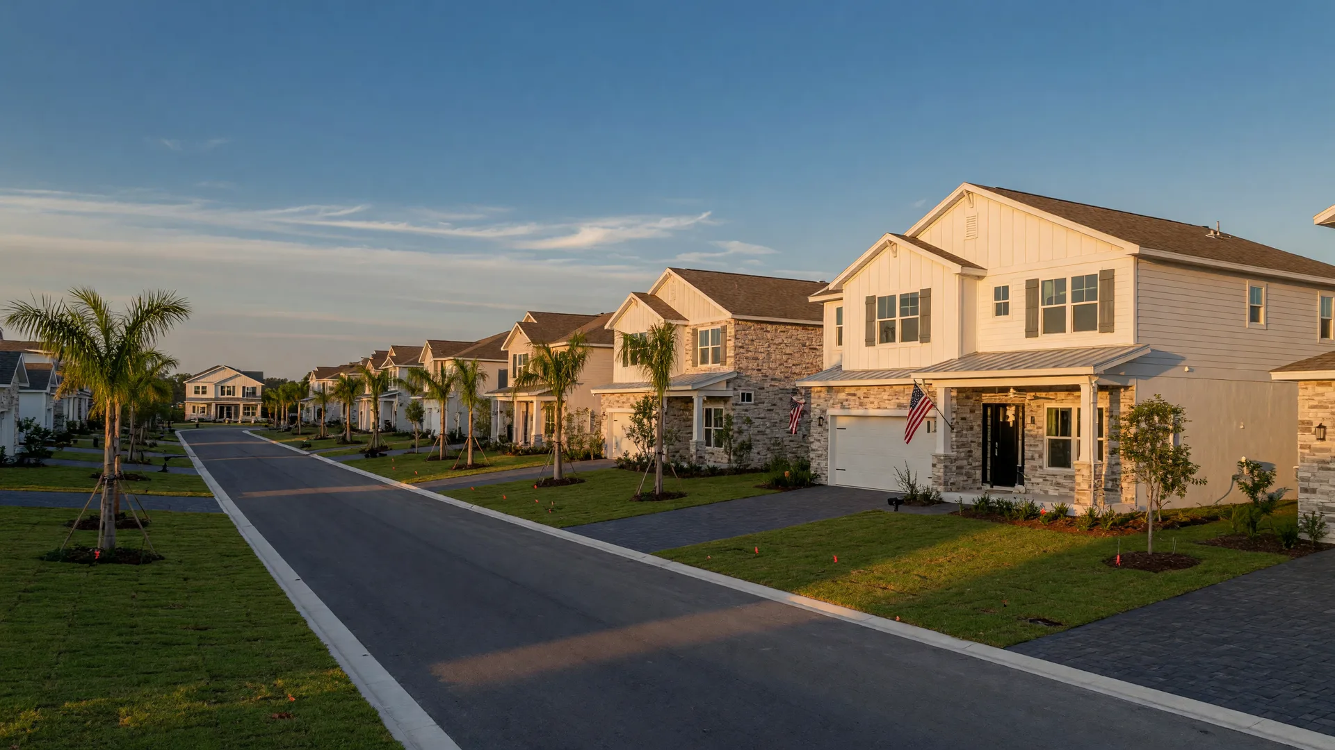 A new DR Horton single-family home in a Polk County community at golden hour