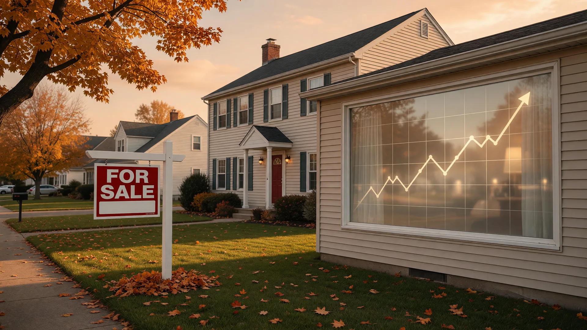 Suburban home with a for-sale sign at autumn golden hour, with a subtle rising chart reflected in the window, representing the current housing market
