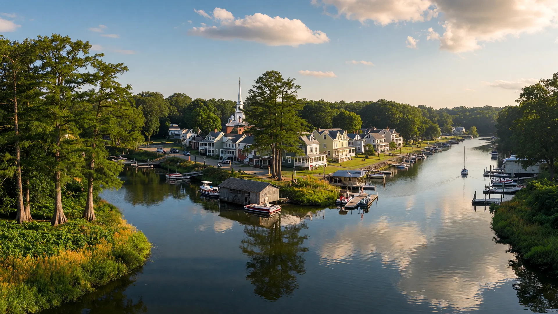 Confluence of the Mattaponi and Pamunkey rivers at West Point, Virginia on a late summer afternoon with waterfront homes and docks