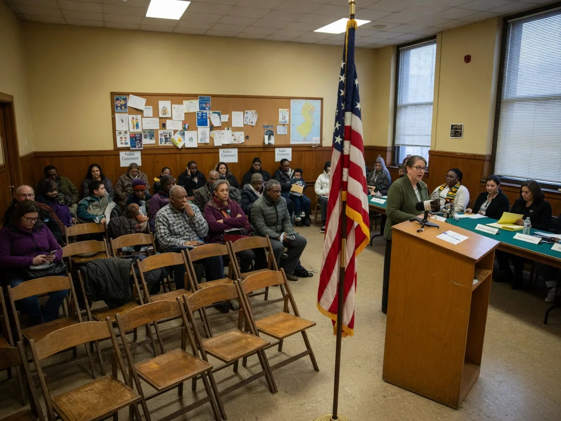 Montclair school board meeting room with podium, chairs, and community members during a public meeting