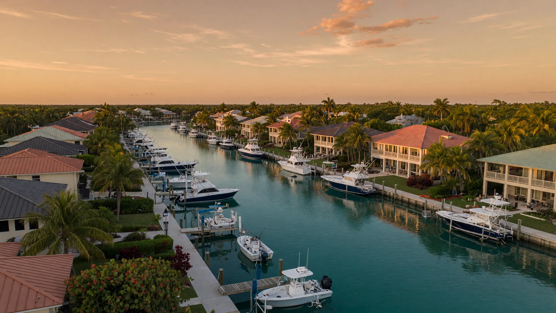Golden-hour aerial view over a deep-water canal community in the Upper Florida Keys, elevated luxury waterfront estates with metal roofs and private boat-lift docks, sportfishing yachts and center-console boats moored in glassy turquoise water