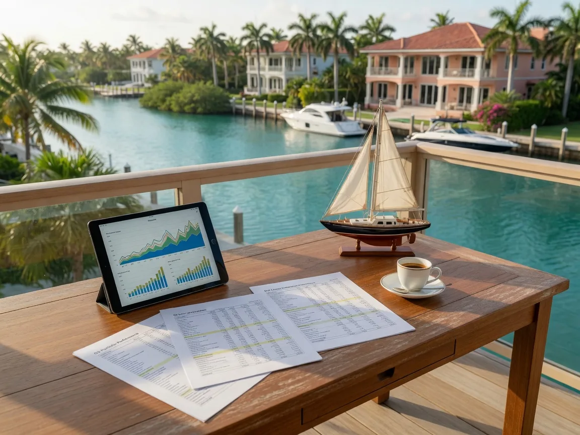 Property investment portfolio review on a teak outdoor desk in the Florida Keys, showing market data on an iPad, financial spreadsheets, a model yacht, and espresso, overlooking a turquoise canal with luxury homes in warm morning light