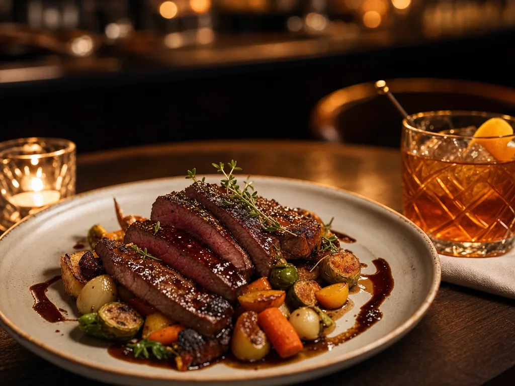 Signature C'est La Vie Beef plated with roasted vegetables and sauce drizzle paired with a craft cocktail at Louis' House of Bourbon