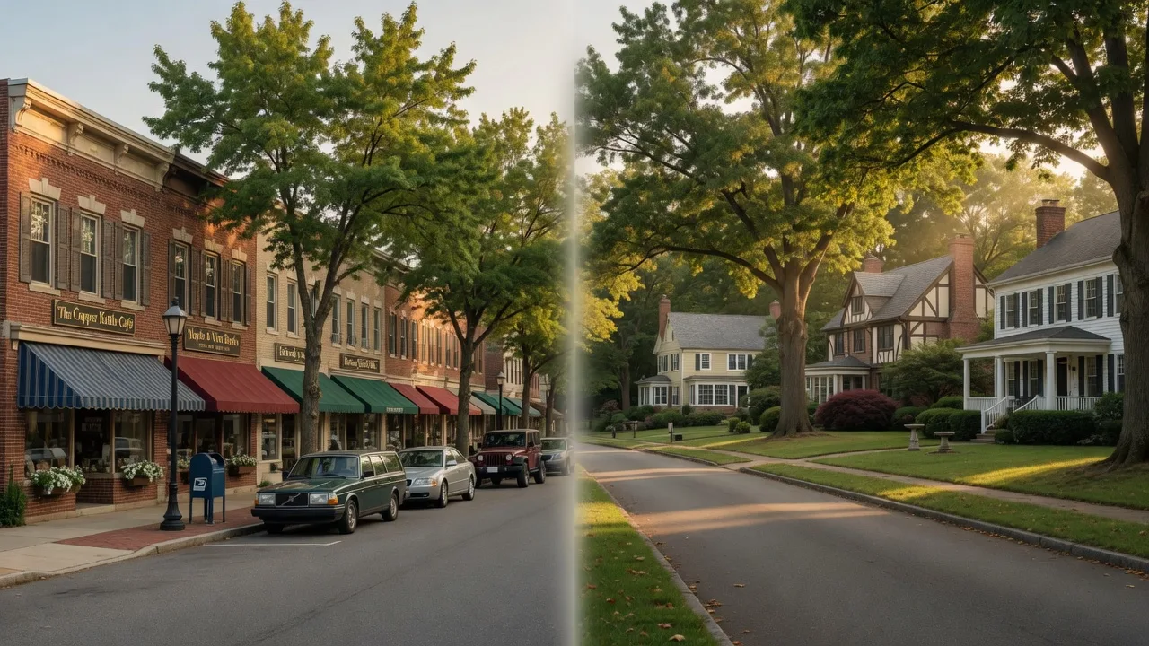 Split-screen comparison of a warm, tree-lined Moorestown main street and a leafy suburban lane of larger Medford homes