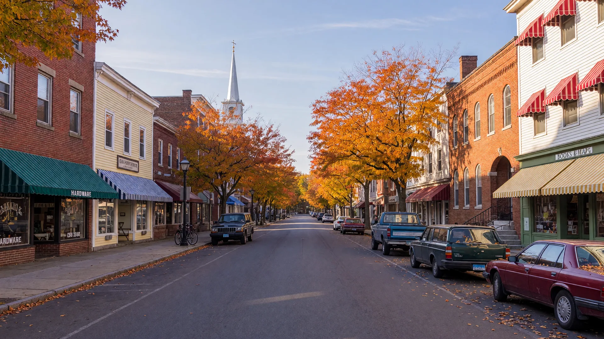 A classic New England main street in Connecticut in autumn