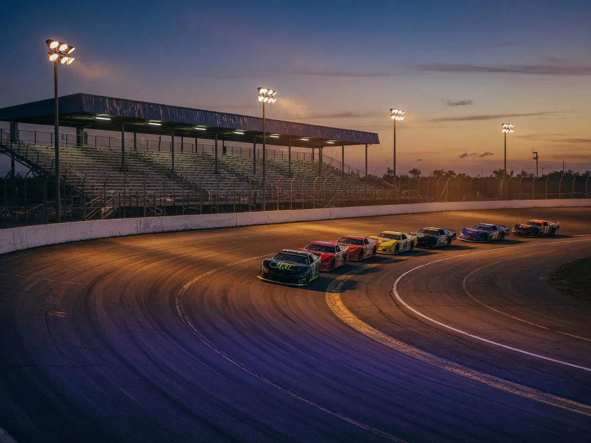 Auburndale Speedway paved oval race track under stadium lights at dusk