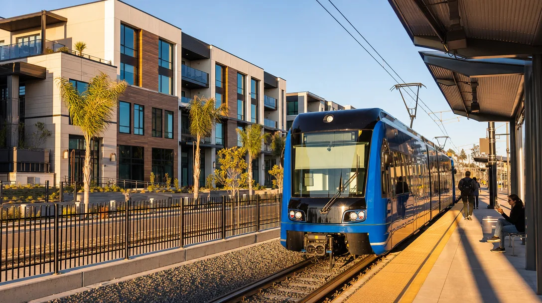 A San Diego MTS Trolley stopped at a Blue Line station with newly constructed mid-rise residential buildings visible in the background