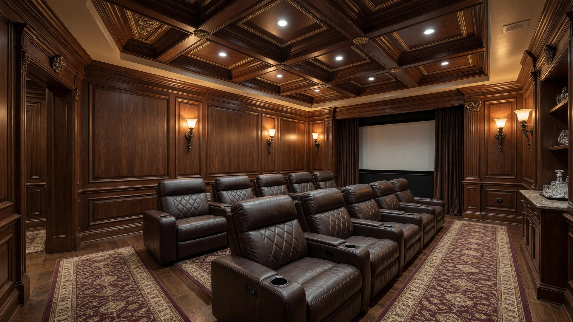 Luxurious home theater with rich wood paneling, leather seating, and ambient lighting