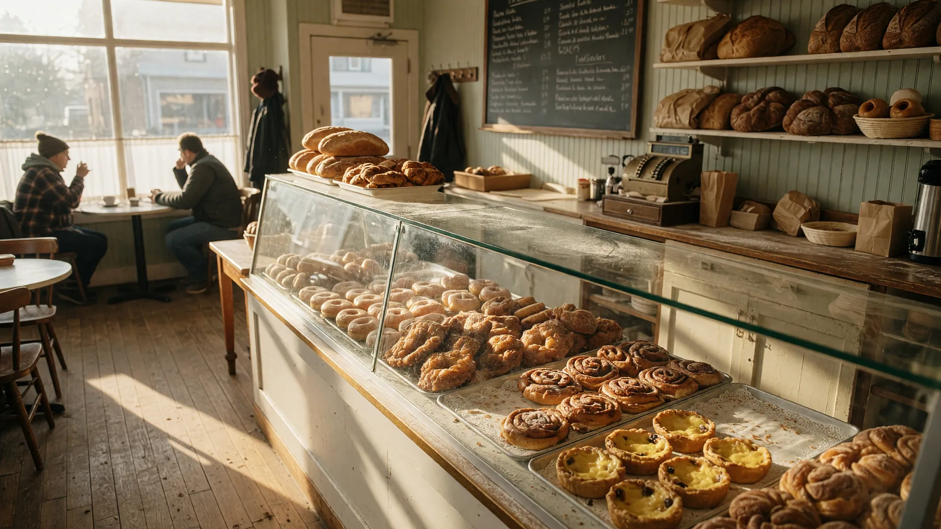 A heritage bakery interior in Port Perry with a glass display case of glazed donuts, apple fritters and butter tarts, warm morning light across a worn wood floor
