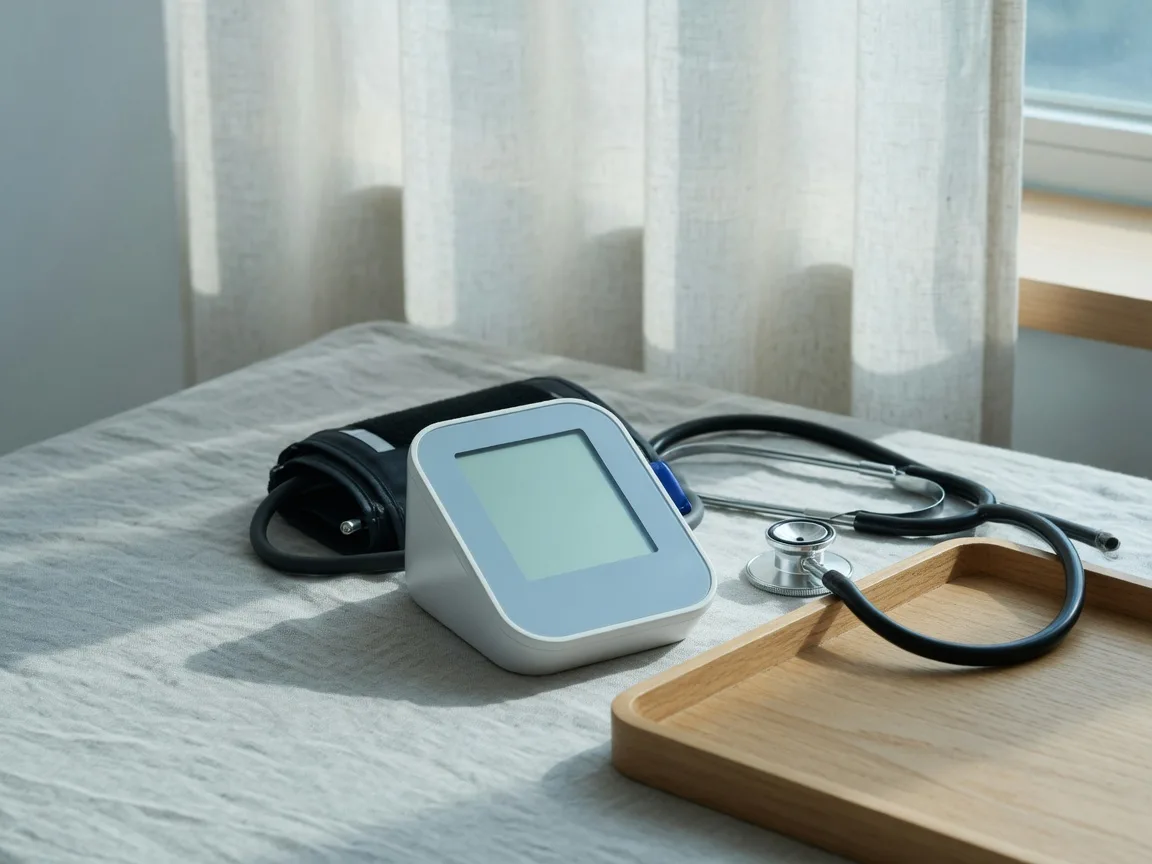 A modern blood pressure monitor and stethoscope on a linen surface by a sunlit window