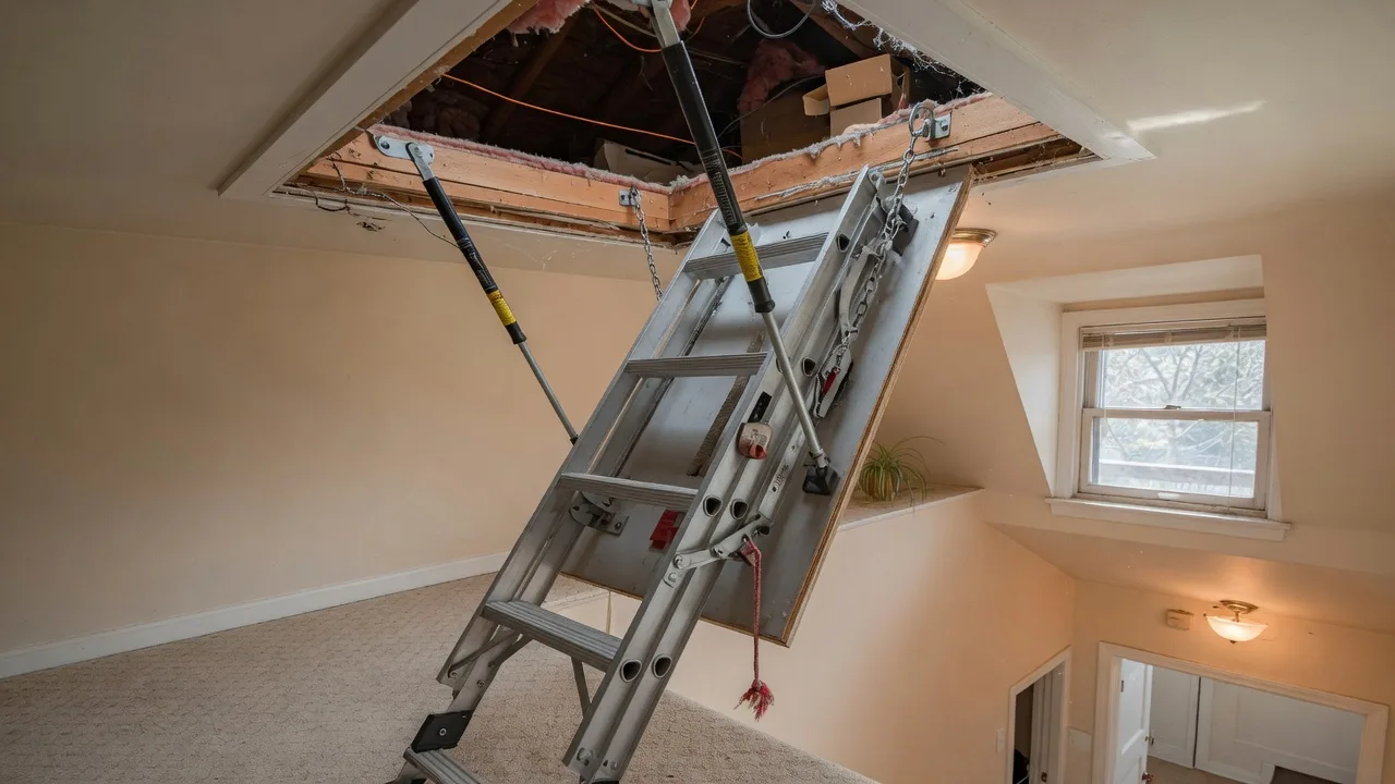 An aluminum attic stairway ladder folded down from a ceiling hatch with safety hardware visible