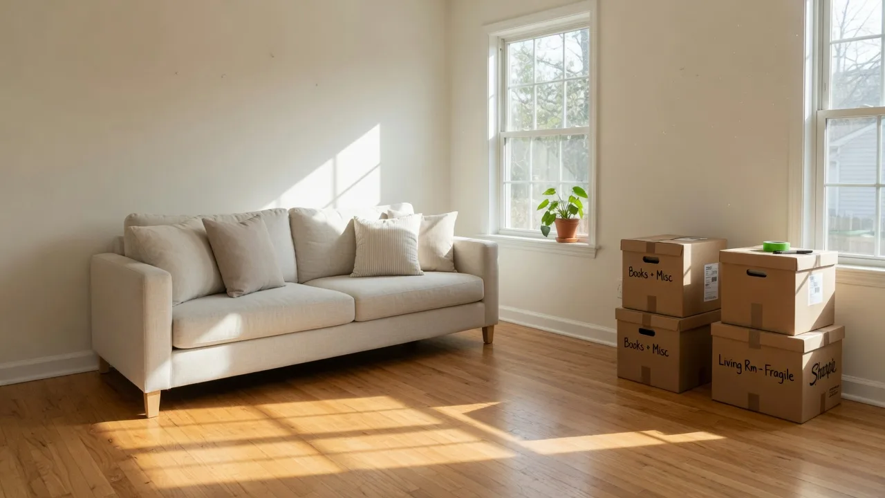 Bright decluttered living room in a South Jersey home with a tidy sofa and neatly stacked moving boxes in the corner