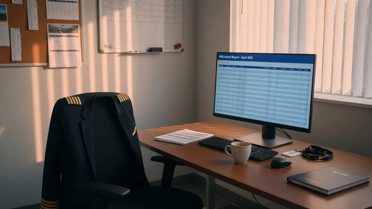 A quiet crew scheduling room with a computer screen showing a PBS award report, a pilot jacket on a chair, and soft morning light