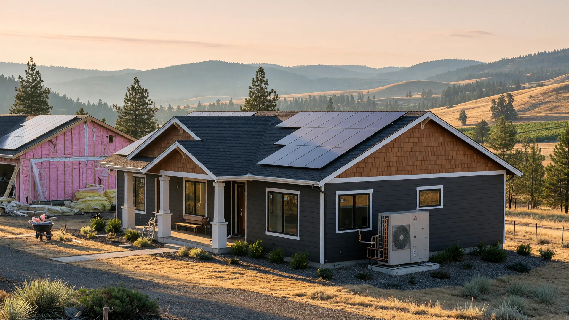 Modern energy-efficient craftsman home in Southern Oregon with heat pump, solar panels, and large windows